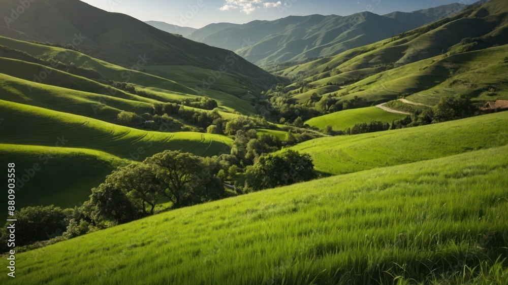 Obraz premium Lush green hills and valleys bask in sunlight creating a serene and scenic landscape perfect for tranquil escapades, nature photography, and eco tourism