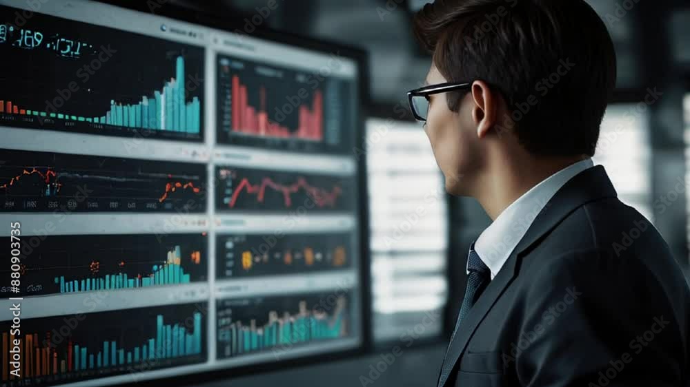 Businessman in Suit Analyzing Data on a Large Screen Businessman in Suit Analyzing Data on a Large Screen
