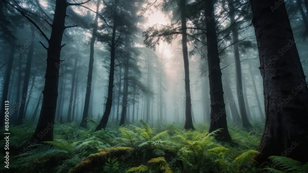 Fototapeta premium A serene and misty forest with tall trees and lush ferns under soft sunlight, perfect for themes of tranquility, exploration, and connection with nature