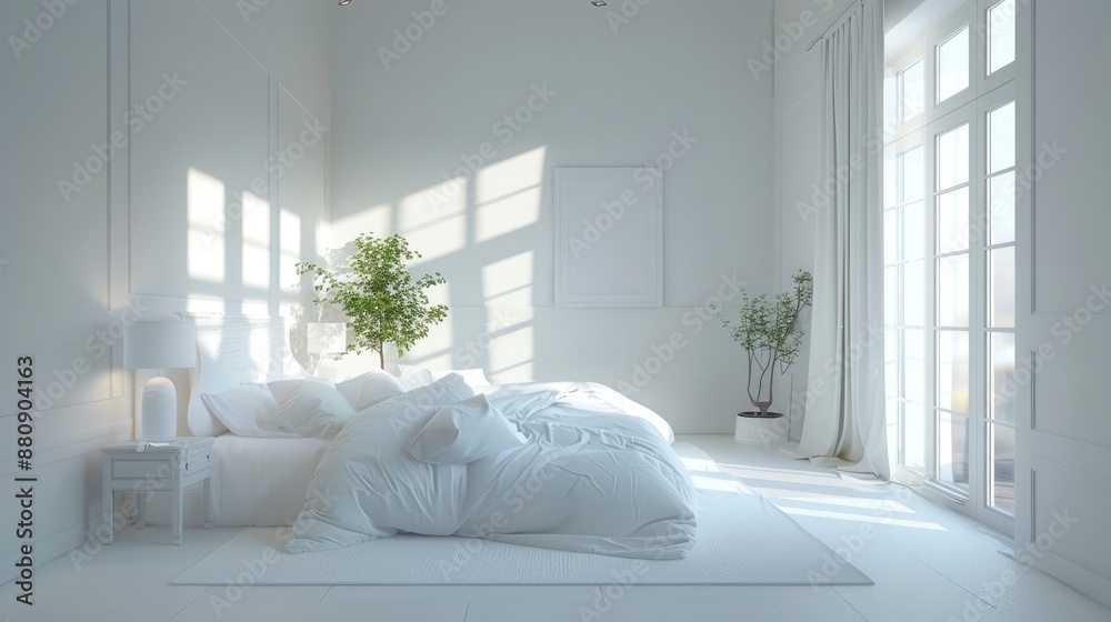 custom made wallpaper toronto digitalA serene and uncluttered minimalistic white bedroom, featuring clean lines and simple decor, soft lighting creating a peaceful and tranquil atmosphere. Created Using: DSLR camera