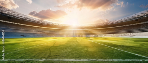 A football stadium illuminated by the golden rays of the setting sun, creating a grand and serene atmosphere, ready for an epic match.