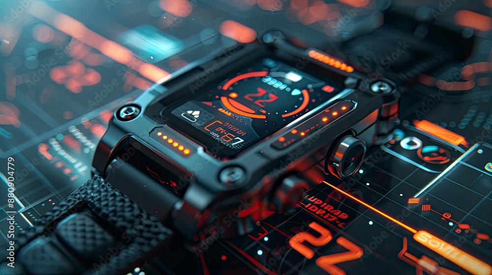 Close-up of a digital smartwatch displaying health tracking data and biometric information in a fitness setting. Close-up of a digital smartwatch displaying health tracking data and biometric information in a fitness setting.