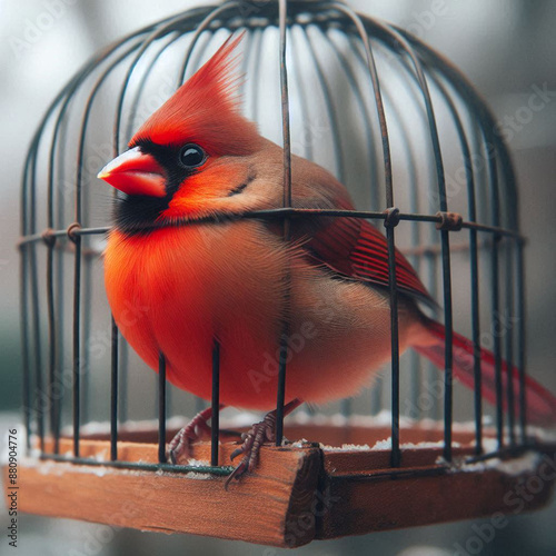 Close-up Northern Cardinal perching on branch,Bird Photography