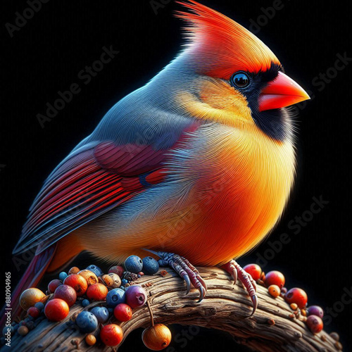 Close-up Northern Cardinal perching on branch,Bird Photography