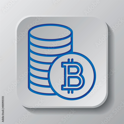 Bitcoin coins simple icon vector. Flat design. Paper cut design. Cutted blue symbol with shadow. Gray badge button, gray background