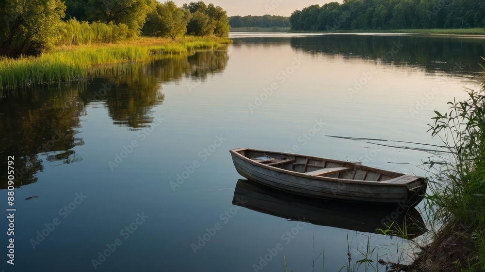 A serene scene featuring a wooden boat on a calm river surrounded by lush greenery and trees, reflecting a peaceful and tranquil summer atmosphere A serene scene featuring a wooden boat on a calm river surrounded by lush greenery and trees, reflecting a peaceful and tranquil summer atmosphere