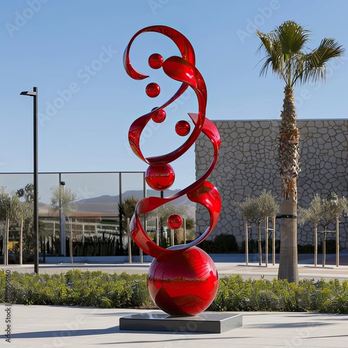 A  tall red sculpture of modern design, prominently displayed outdoors,  is characterized by its flowing, spiral shapes and glossy finish, with several spherical elements - AI Generated Digital Art