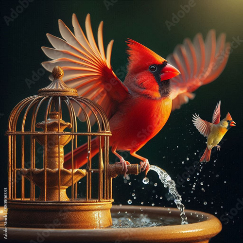 Close-up Northern Cardinal perching on branch,Bird Photography