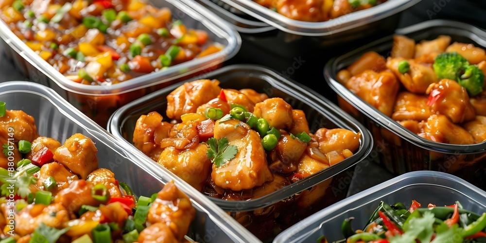 Meal Prep Kung Pao Chicken in Various Containers for Convenient Lunches. Concept Meal Prep, Kung Pao Chicken, Lunches, Containers, Convenience Meal Prep Kung Pao Chicken in Various Containers for Convenient Lunches. Concept Meal Prep, Kung Pao Chicken, Lunches, Containers, Convenience