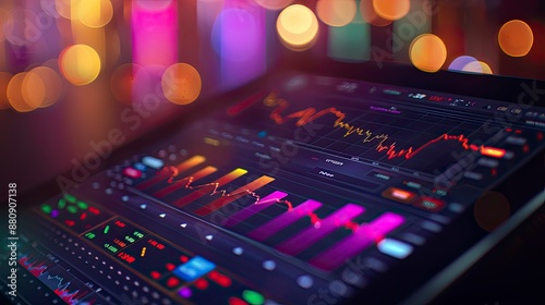 Detailed shot of a digital tablet with a financial app interface showing stock market trends and graphs.