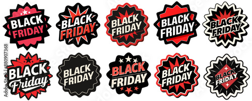 Variety of black friday sale stickers and badges in different shapes and colors, perfect for promoting deals and discounts
