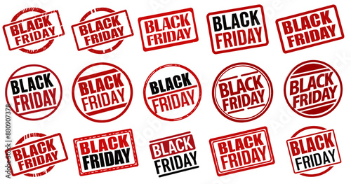 Set of red and black ink stamps promoting black friday sales, discounts, and deals for marketing and advertising