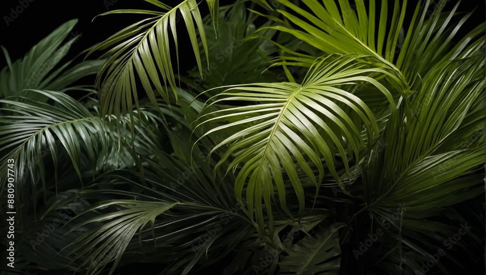 Vibrant green tropical leaves thrive in dense dark jungle, creating a lush natural paradise in the wild wilderness of the rainforest Vibrant green tropical leaves thrive in dense dark jungle, creating a lush natural paradise in the wild wilderness of the rainforest