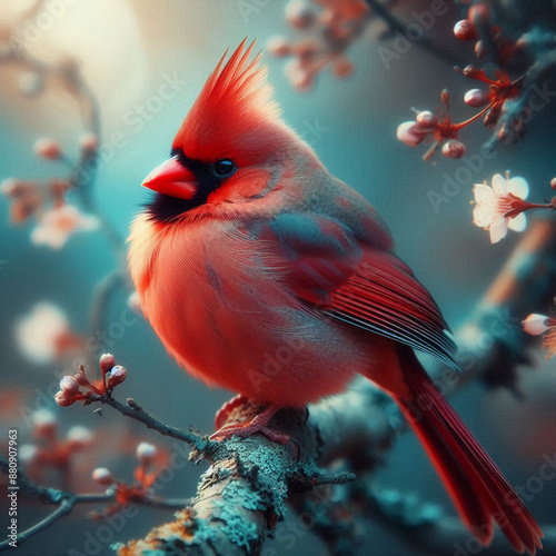Close-up Northern Cardinal perching on branch,Bird Photography