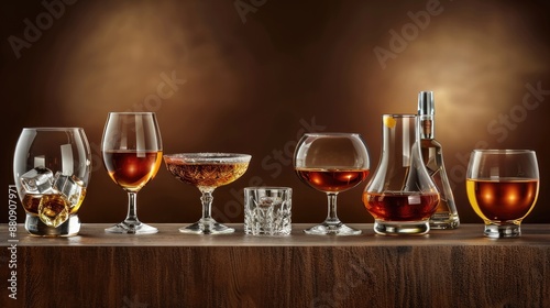 Assortment of potent spirits in glassware against a brown backdrop Featuring liquor whisky vodka rum brandy and tequila