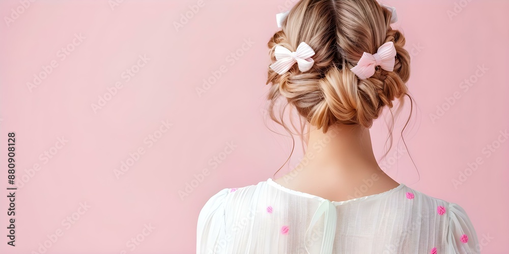 Naklejka premium View of a blonde woman with pastel bows in her hair from behind. Concept Blonde Woman, Pastel Bows, Hair, Back View, Portrait