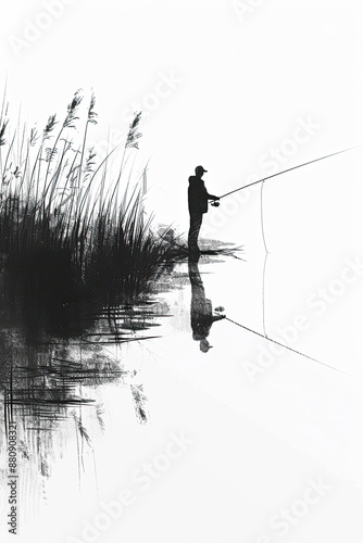 A black and white sketch of a lone angler fishing in a lake