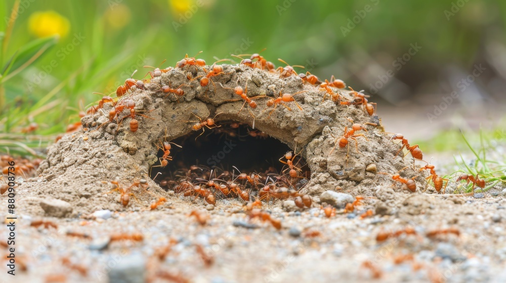 Fototapeta premium An ant hill with busy worker ants moving in and out of the entrance.