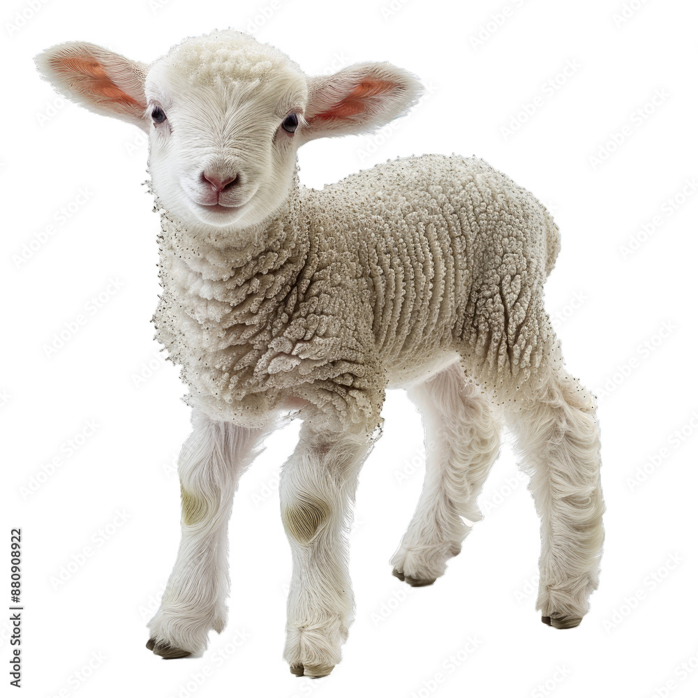 Fototapeta premium Cute white lamb with wool texture standing on a clear background, ideal for design use