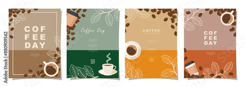 Set of sketch banners with coffee beans and leaves on minimal background for invitations, cards, banner, poster, cover, cafe menu or another template design. vector illustration.