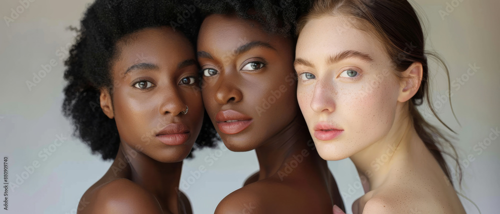 Obraz premium Three women with diverse skin tones pose closely together, exuding unity, strength, and natural beauty with serene expressions.