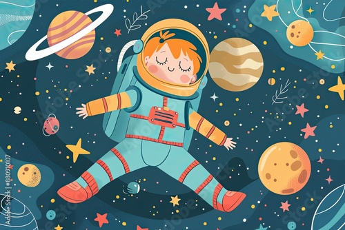 Cute illustrated child in astronaut suit floating happily in space with colorful planets and stars, imaginative and playful artwork.