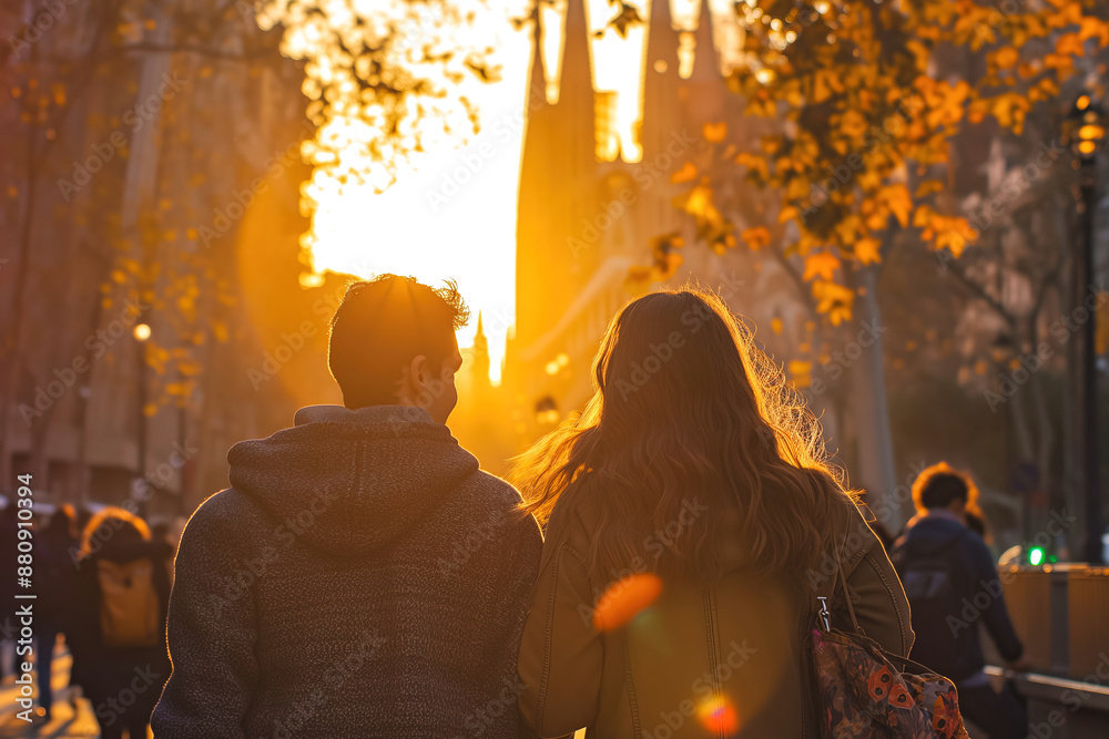 Couple near the Sagrada Familia at sunset Couple near the Sagrada Familia at sunset