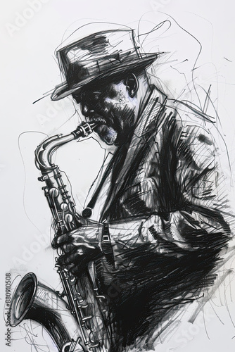 A black and white sketch of a jazz musician improvising with his saxophone
