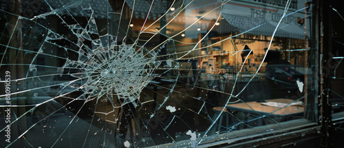 A close-up photo of a shattered glass window in an urban setting, with a visible interior filled with light. The spread cracks create an intricate, web-like pattern. photo