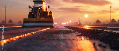 A road compactor rolls along a freshly paved road at sunset, bathed in warm light, symbolizing the completion of hard work and the ushering in of new journeys.