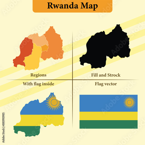 Rwanda map vector states and lines and full with vector flag