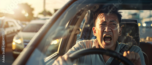 A man stuck in traffic, visibly yelling in frustration, a snapshot of typical urban stress and road rage. photo