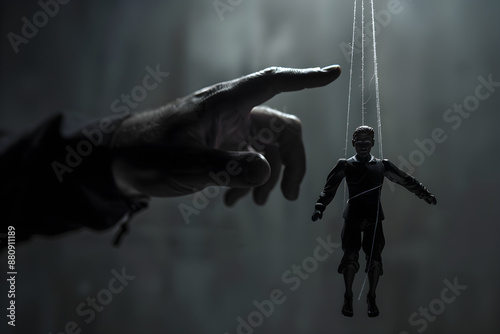 The Master Control: Marionette Strings Manipulating a Human-Like Figurine Highlighting Themes of Dominance and Dependence photo