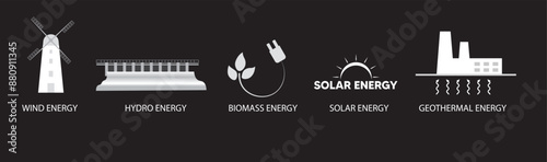 set of Renewable Energy vector logo icons on black isolated