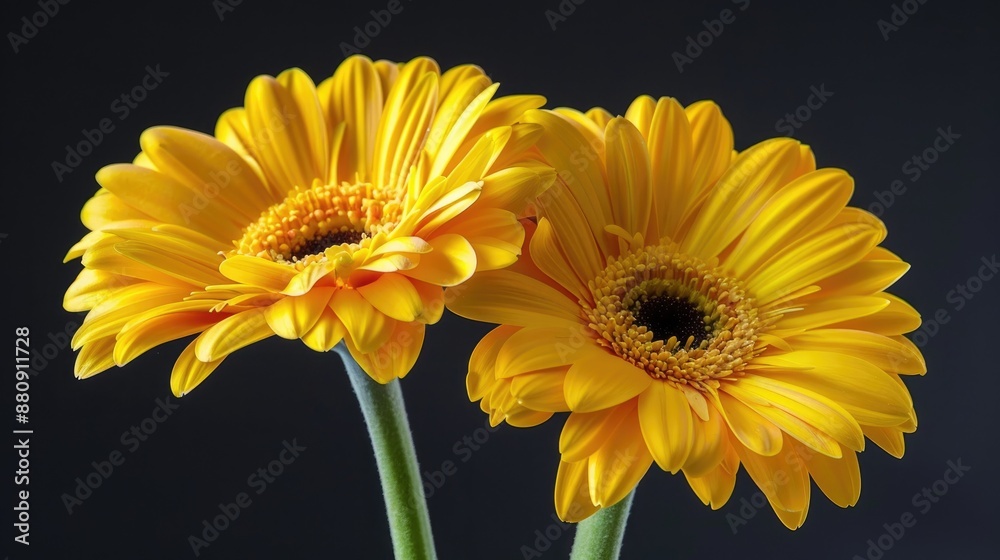 Two stunning yellow gerbera flowers with stems against a dark backdrop Two stunning yellow gerbera flowers with stems against a dark backdrop