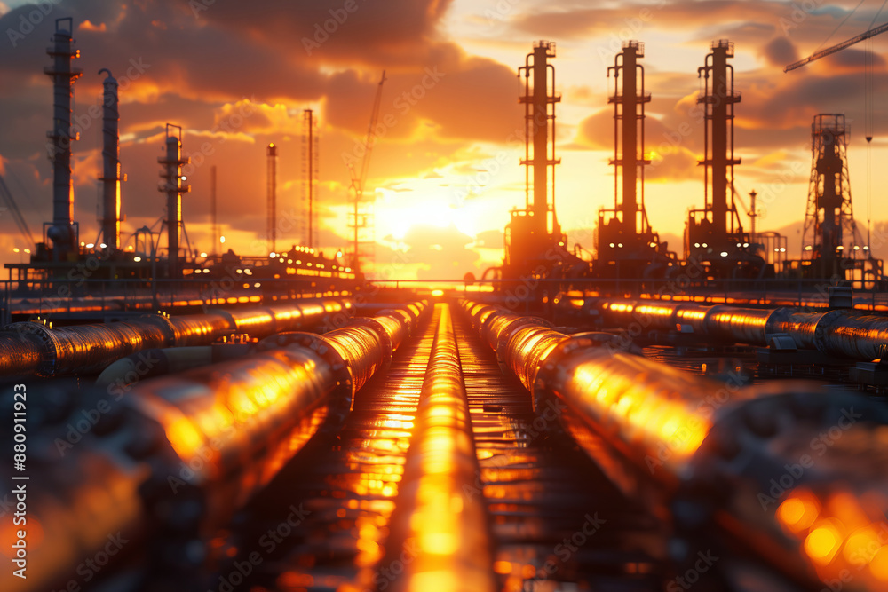 Golden Hour at the Refinery: Pipelines Glimmering Under a Dramatic Sunset Golden Hour at the Refinery: Pipelines Glimmering Under a Dramatic Sunset