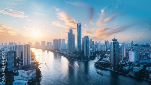 Wallpaper Mural Cityscape of futuristic skyscrapers rising above a river in a bustling business district. Torontodigital.ca