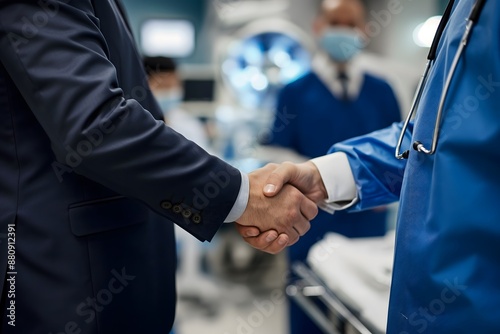 In a medical building, a pharmaceutical sales representative showcases new medication to a doctor, ending with a handshake