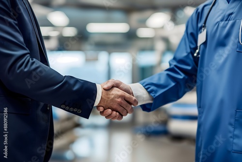 A sales representative introduces new medication to a doctor in a medical building, sealing the deal with a handshake © Asad