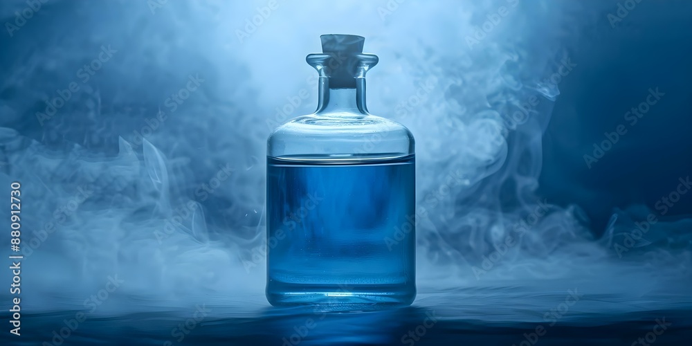 Blue liquid in glass bottle with smoke rising from top. Concept Abstract Photography, Smoke Art, Blue Liquid, Glass Bottle, Creative Still Life Blue liquid in glass bottle with smoke rising from top. Concept Abstract Photography, Smoke Art, Blue Liquid, Glass Bottle, Creative Still Life