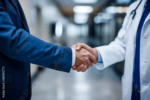 In a medical building, a pharmaceutical rep presents new medication to a doctor, finishing with a handshake