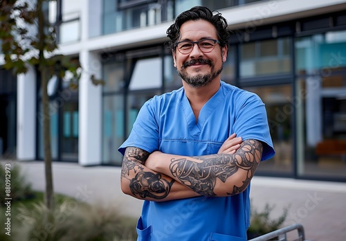 In uniform outdoors, a handsome doctor with hand tattoos illustrates the work-life balance of a healthcare worker