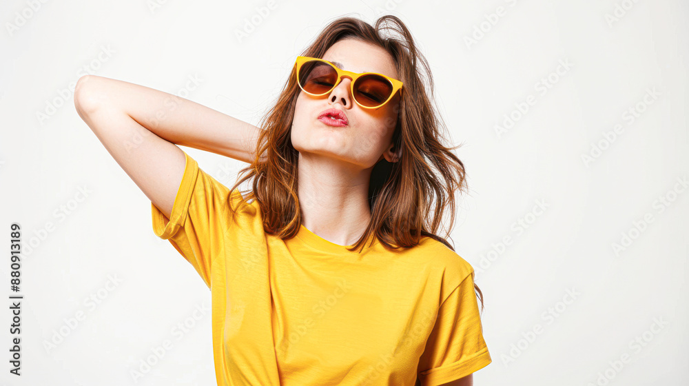 Fototapeta premium A woman in a yellow shirt is posing for a picture with sunglasses on
