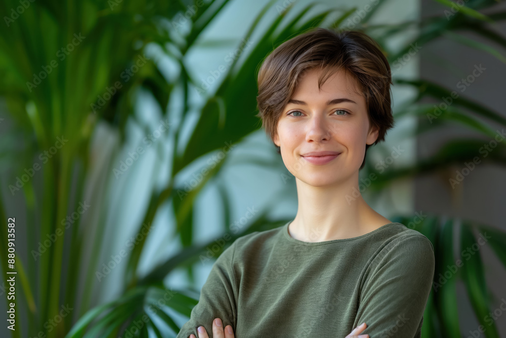 smiling young woman in green top with a natural backdrop of vibrant houseplants smiling young woman in green top with a natural backdrop of vibrant houseplants