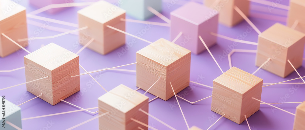 Pastel-colored wooden blocks connected by strings on a lavender background, symbolizing network and connectivity concepts. Pastel-colored wooden blocks connected by strings on a lavender background, symbolizing network and connectivity concepts.