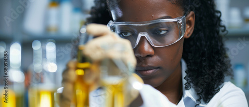 A focused scientist wearing safety goggles precisely handles laboratory equipment in a lab, capturing concentration, expertise, and scientific research. photo