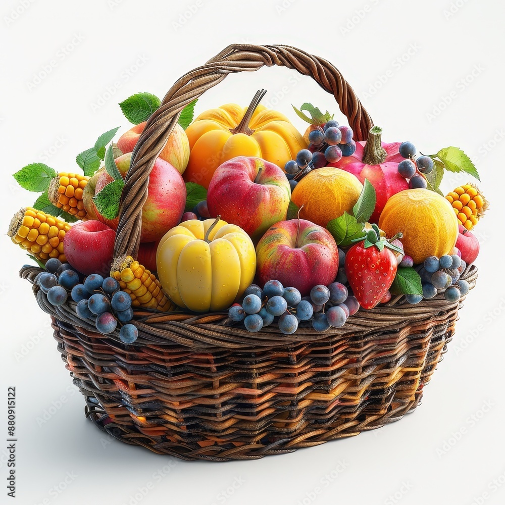 A bountiful wicker basket filled with a variety of vibrant, fresh fruits including apples, pumpkins, grapes, strawberries, and corn. A bountiful wicker basket filled with a variety of vibrant, fresh fruits including apples, pumpkins, grapes, strawberries, and corn.