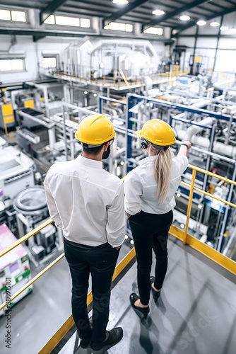 Wearing hard hats, a male and female project manager oversee operations with robotics and automation, ensuring efficient product storage in a modern warehouse