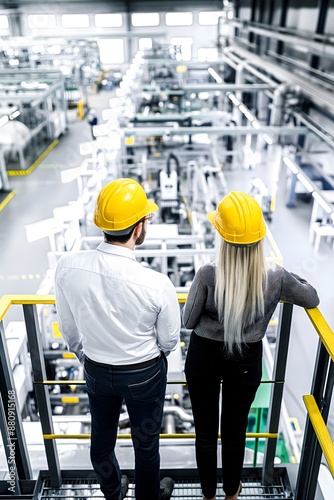 Rear view of a male and female project manager oversee operations with robotics and automation, ensuring efficient product storage in a modern warehouse