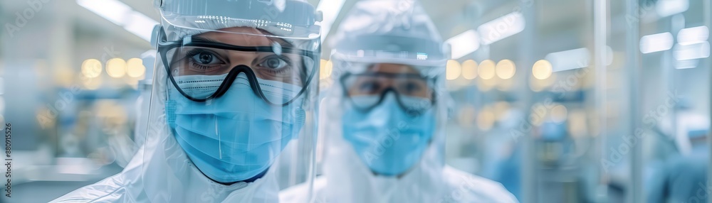 Two scientists in protective gear look at the camera in a laboratory Two scientists in protective gear look at the camera in a laboratory